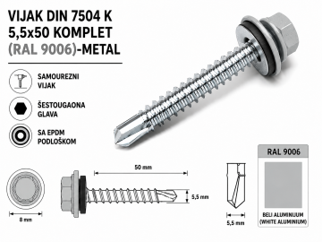 VIJAK DIN 7504 K 5,5x50 KOMPLET (RAL 9006)-METAL